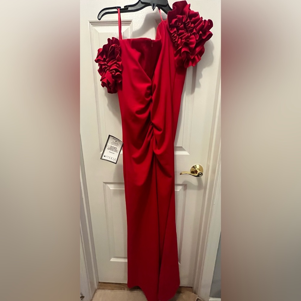 NWT Xscape Red Ruffle Shoulder Evening Gown Dress from Macy's - Picture 9 of 13